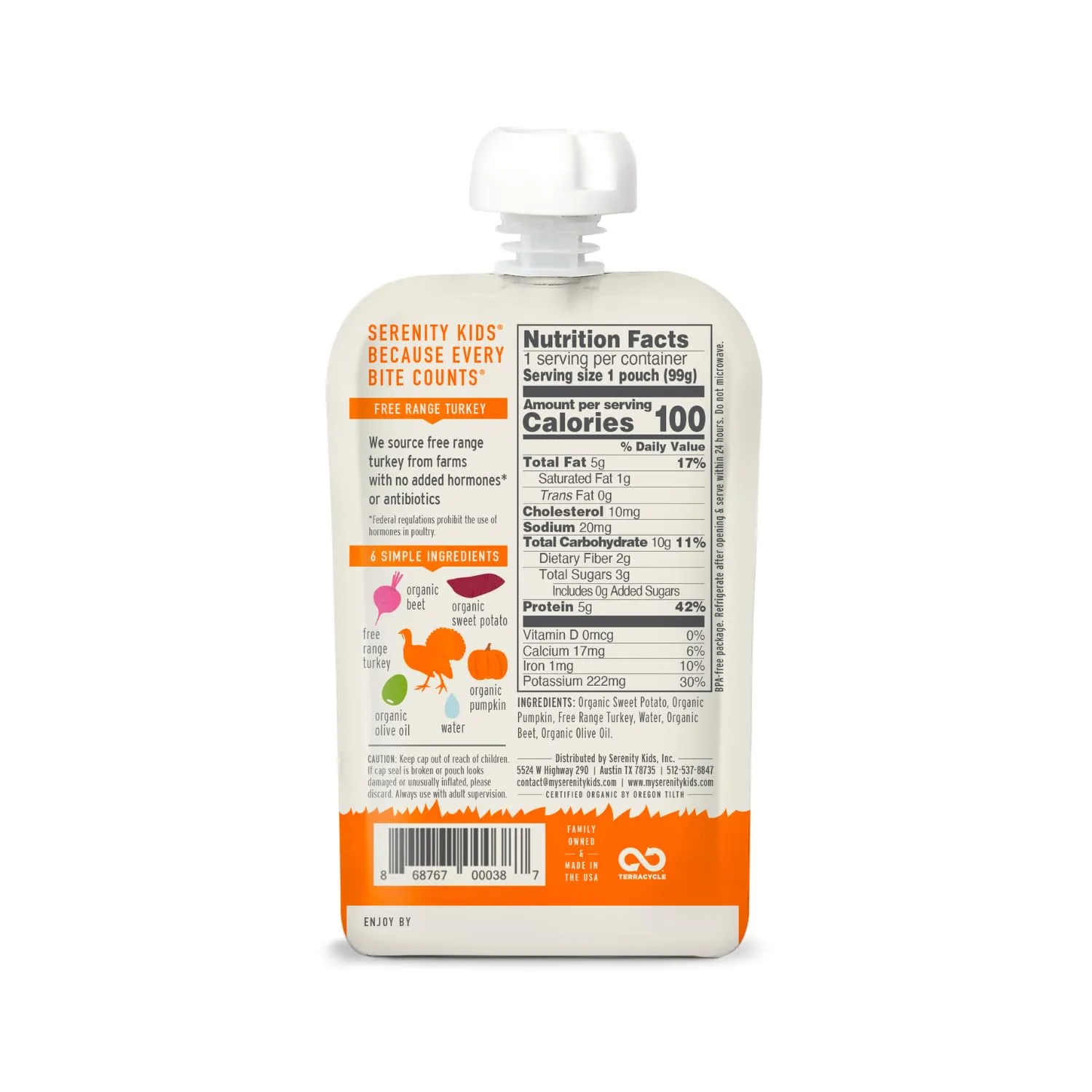 Serenity Kids 6  Months Baby Food Pouches Puree Made w/ Ethically Sourced Meat & Organic Veggies - 3.5 Oz BPA-Free Pouch - Free Range Turkey, Sweet Potato, Pumpkin & Beet - 6 Count - Turkey Baby Food