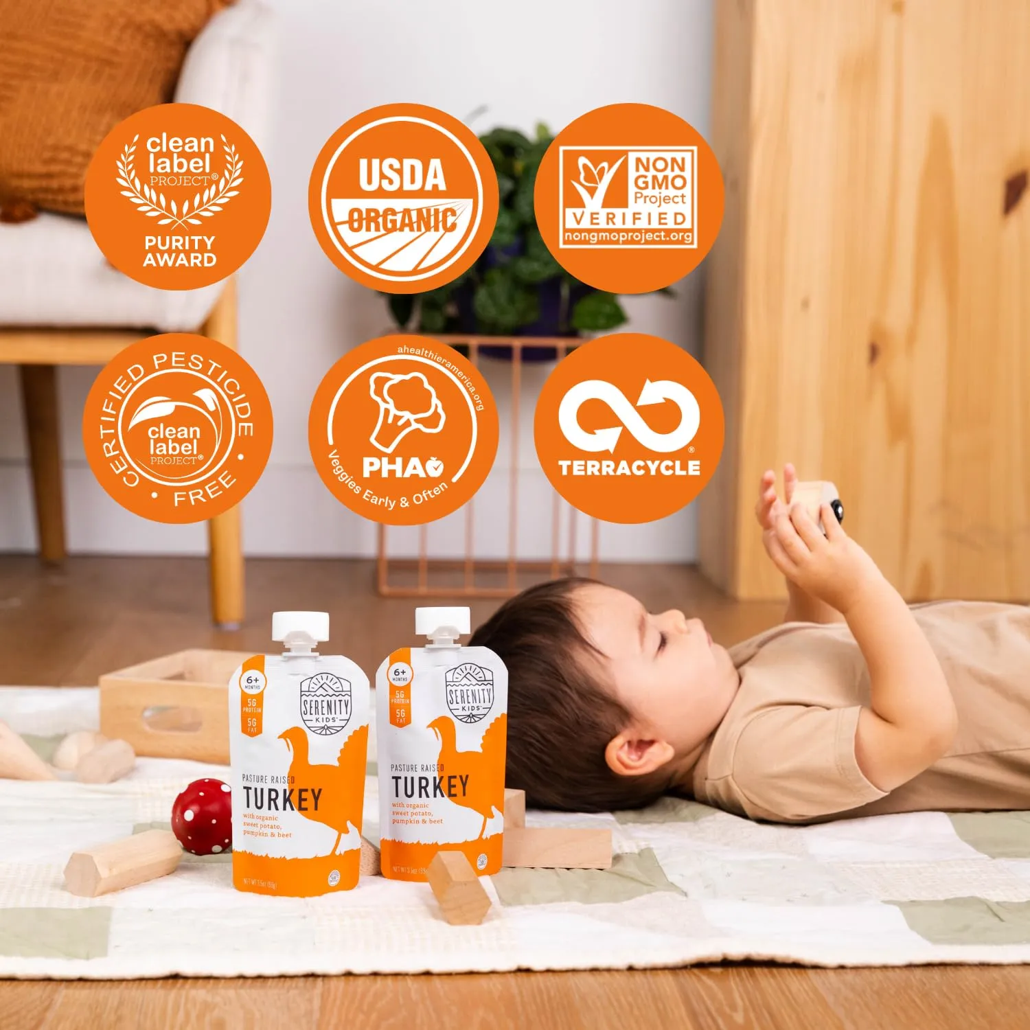 Serenity Kids 6  Months Baby Food Pouches Puree Made w/ Ethically Sourced Meat & Organic Veggies - 3.5 Oz BPA-Free Pouch - Free Range Turkey, Sweet Potato, Pumpkin & Beet - 6 Count - Turkey Baby Food