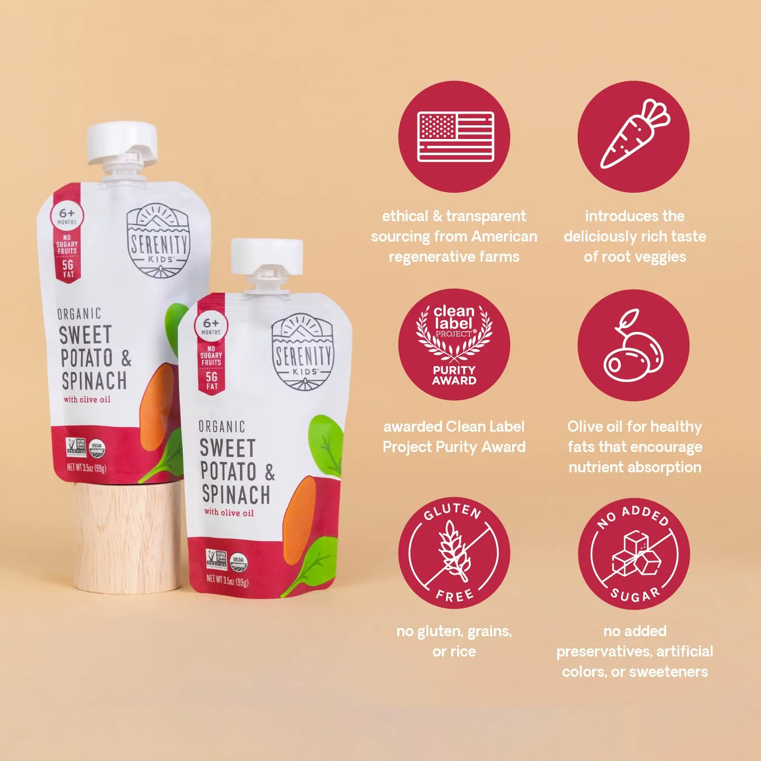 Serenity Kids 6  Months Certified Organic Baby Food Pouches Veggie Puree - No Sugary Fruits/Added Sugar - Allergen Free - 3.5 Ounce BPA-Free Bag - Variety Pack - Baby Food Veggies Puree - 8 Count