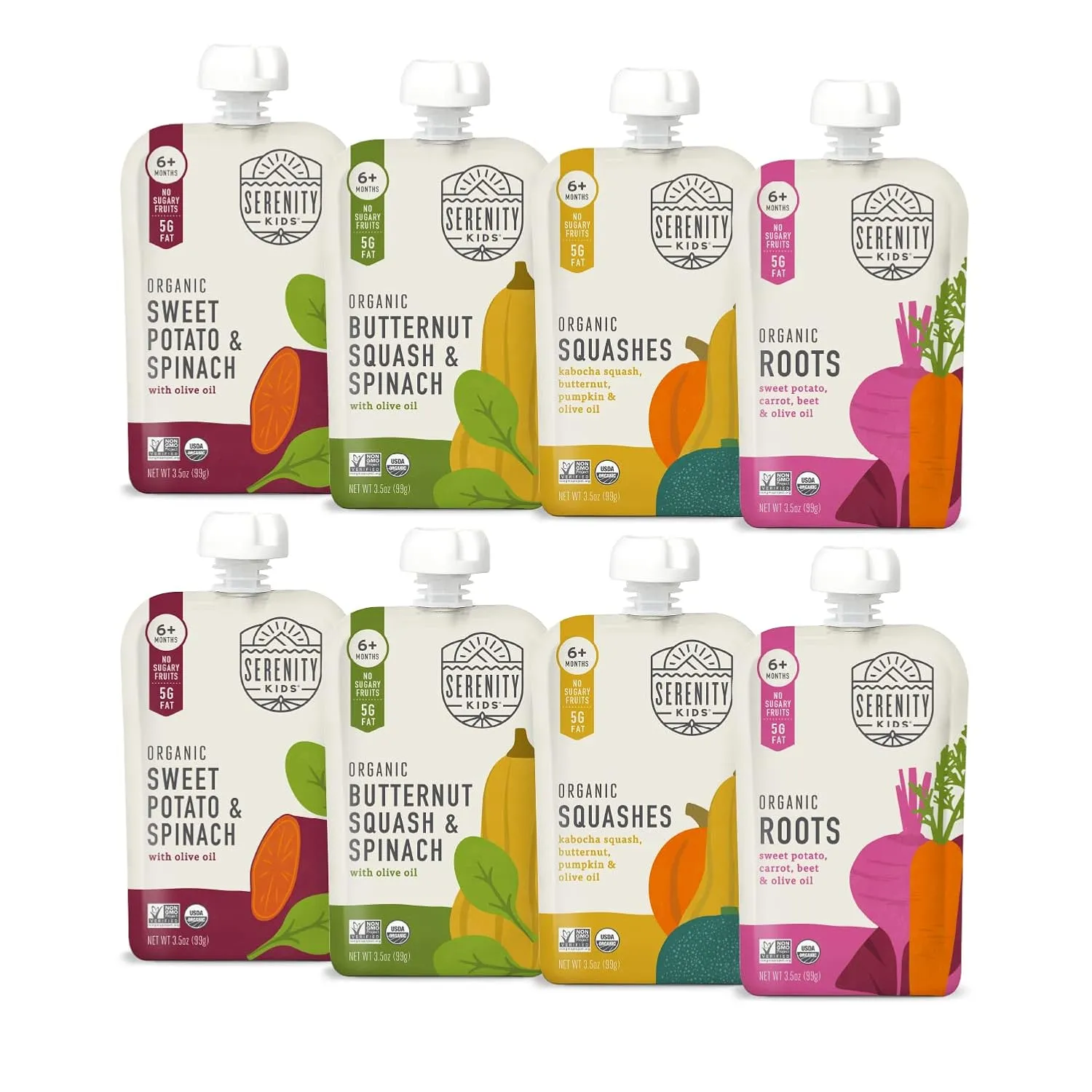 Serenity Kids 6  Months Certified Organic Baby Food Pouches Veggie Puree - No Sugary Fruits/Added Sugar - Allergen Free - 3.5 Ounce BPA-Free Bag - Variety Pack - Baby Food Veggies Puree - 8 Count