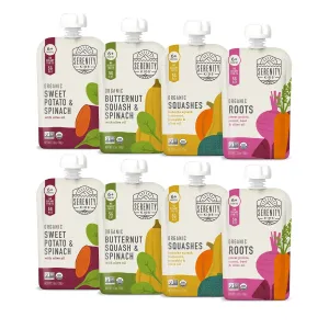 Serenity Kids 6  Months Certified Organic Baby Food Pouches Veggie Puree - No Sugary Fruits/Added Sugar - Allergen Free - 3.5 Ounce BPA-Free Bag - Variety Pack - Baby Food Veggies Puree - 8 Count