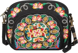 SILKAREA Embroidered Canvas 3 zip Small Crossbody Bag Cell Phone Purse Shoulder Wallet Handbags Wristlet Clutch Bag for Women