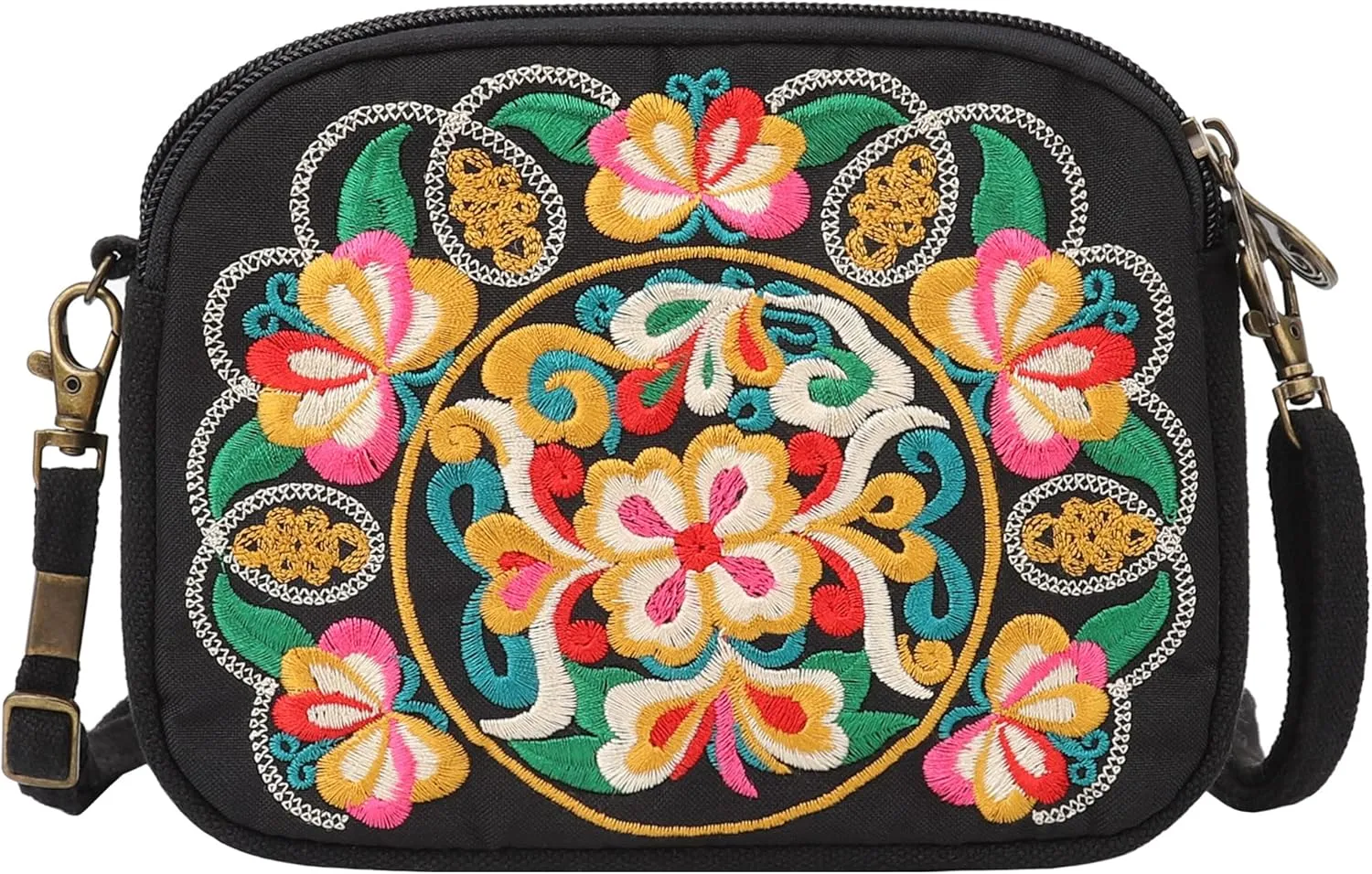 SILKAREA Embroidered Canvas 3 zip Small Crossbody Bag Cell Phone Purse Shoulder Wallet Handbags Wristlet Clutch Bag for Women