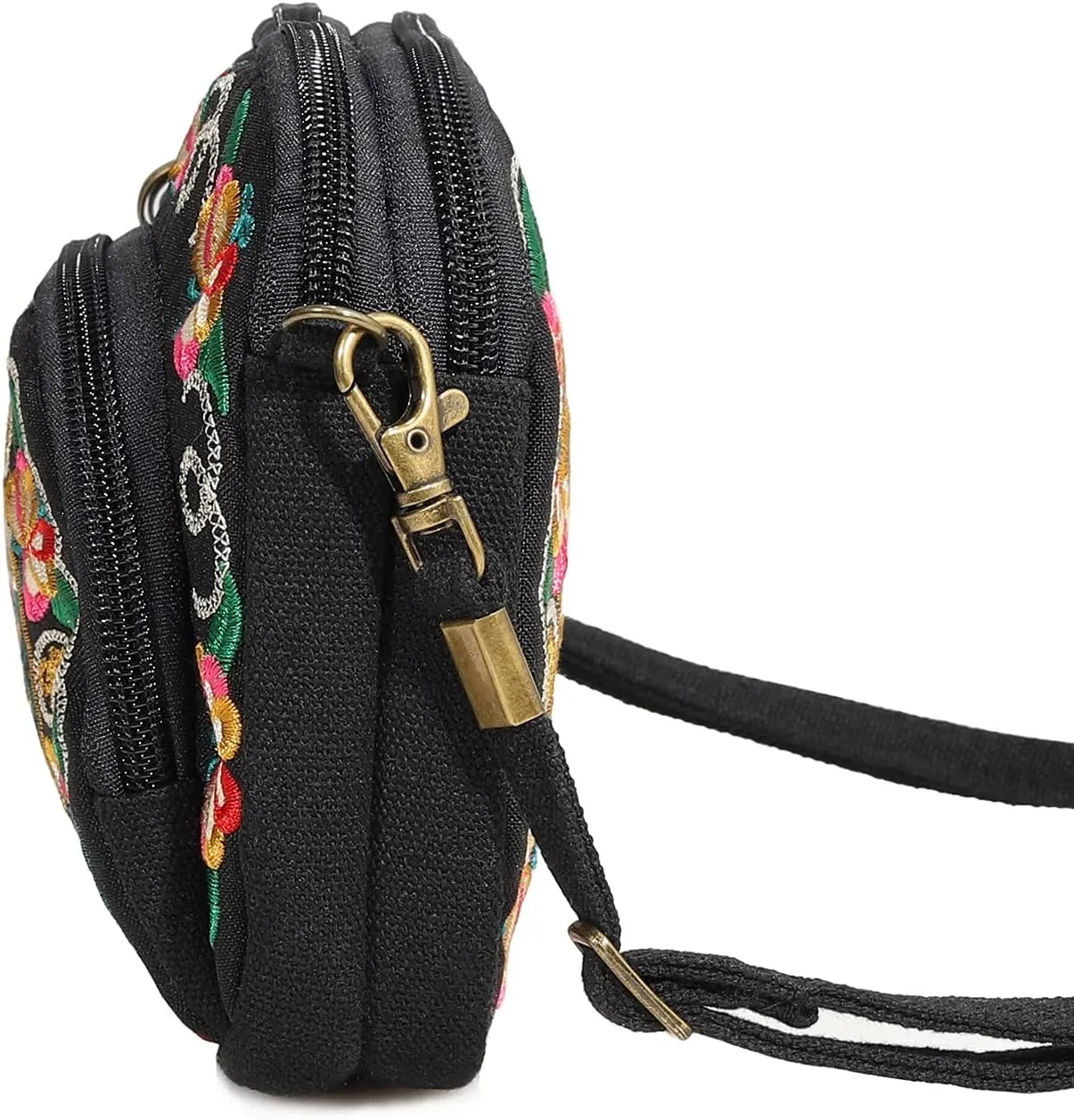 SILKAREA Embroidered Canvas 3 zip Small Crossbody Bag Cell Phone Purse Shoulder Wallet Handbags Wristlet Clutch Bag for Women