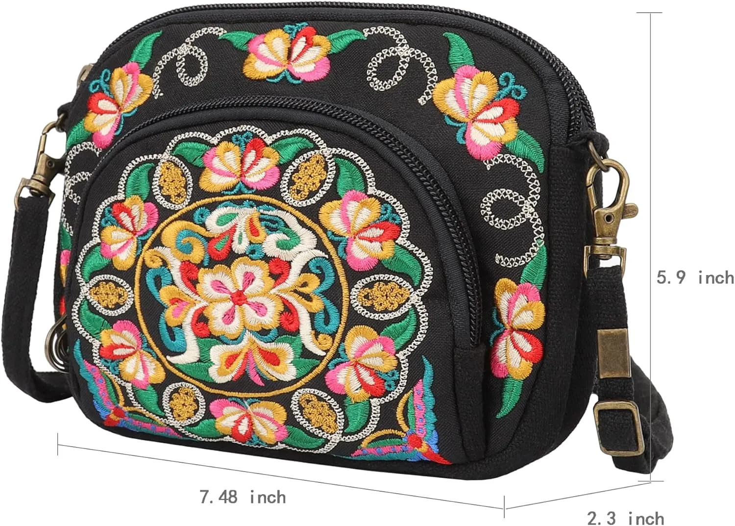SILKAREA Embroidered Canvas 3 zip Small Crossbody Bag Cell Phone Purse Shoulder Wallet Handbags Wristlet Clutch Bag for Women