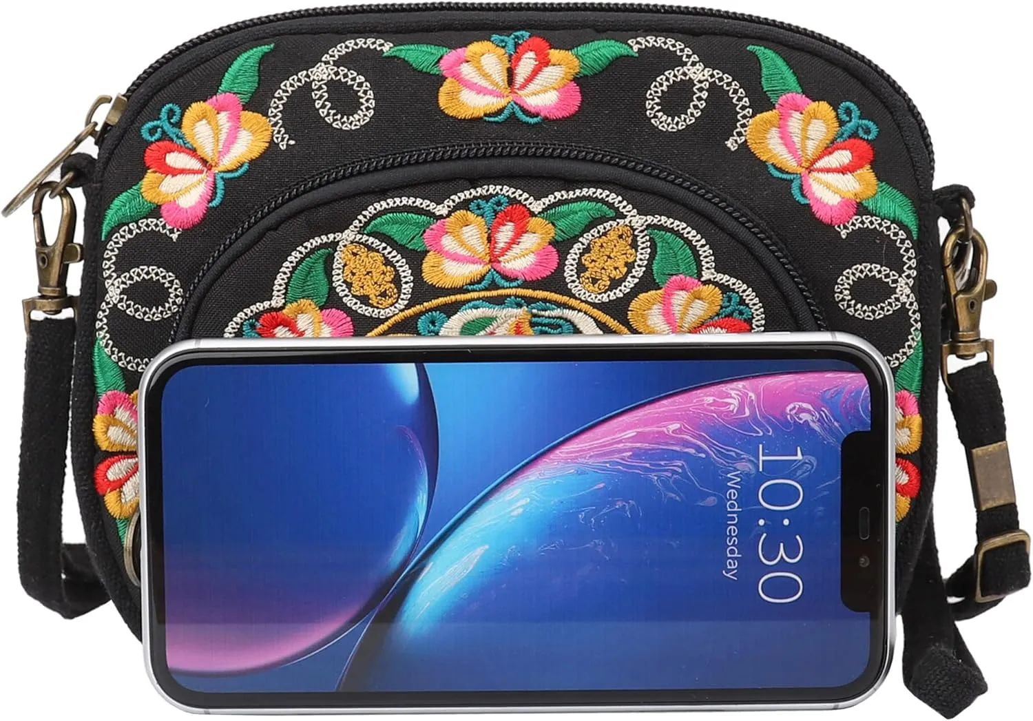 SILKAREA Embroidered Canvas 3 zip Small Crossbody Bag Cell Phone Purse Shoulder Wallet Handbags Wristlet Clutch Bag for Women