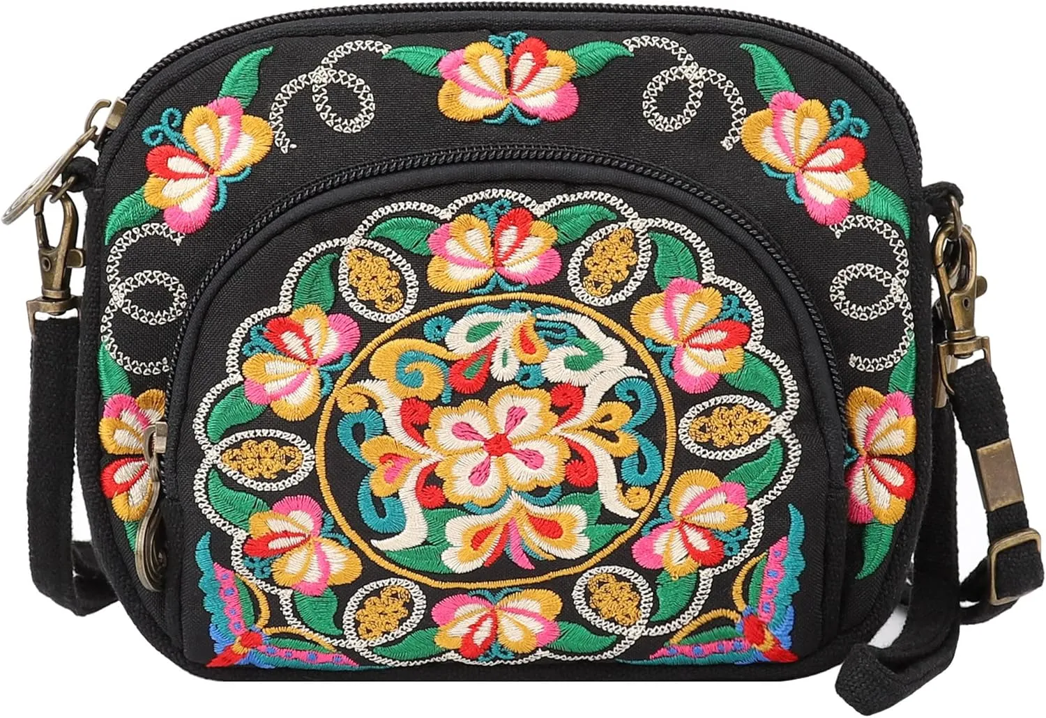 SILKAREA Embroidered Canvas 3 zip Small Crossbody Bag Cell Phone Purse Shoulder Wallet Handbags Wristlet Clutch Bag for Women