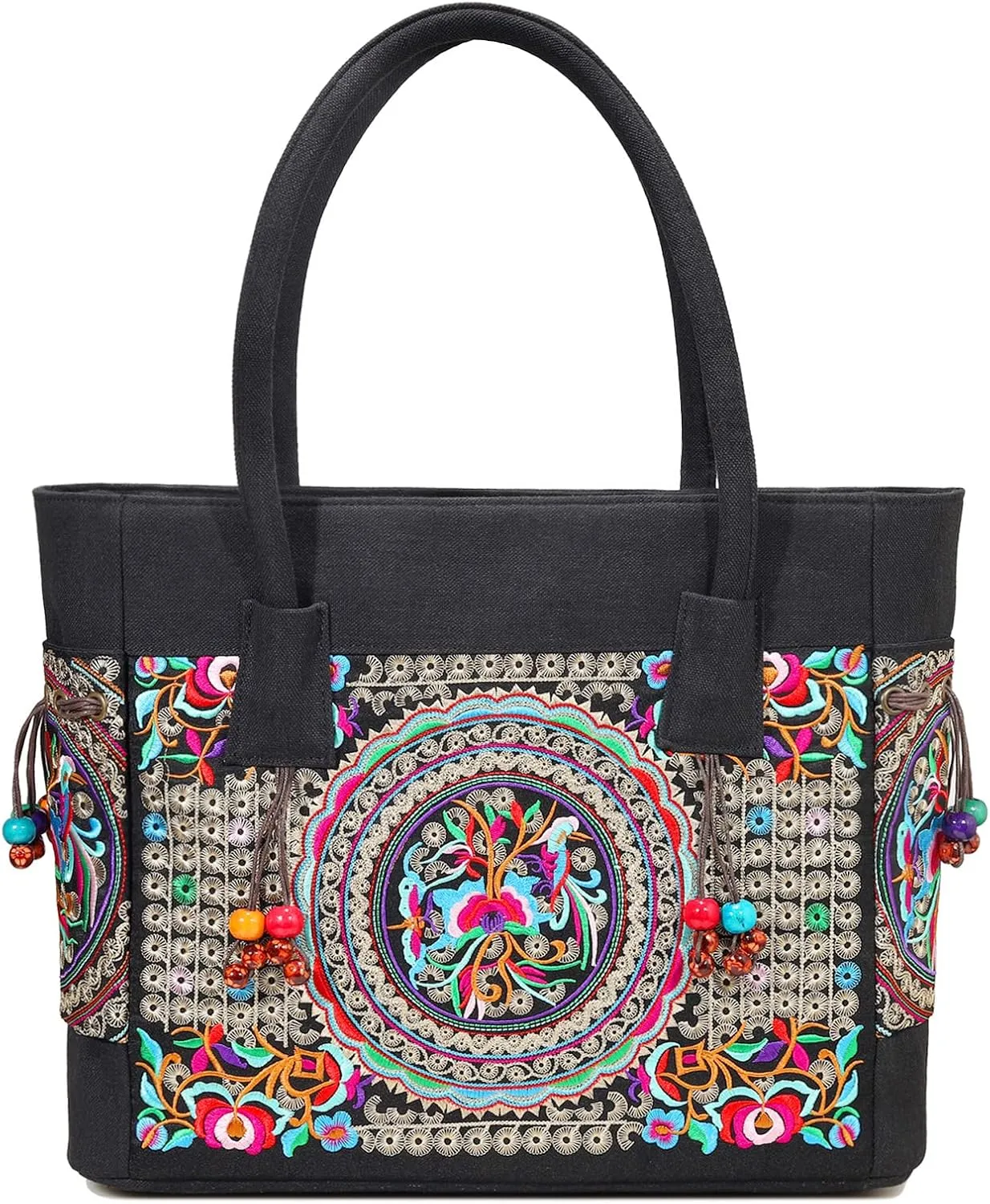 SILKAREA Embroidered Large Canvas Tote Bag for Women with Zipper Handmade Vintage Handbag Shoulder Bag