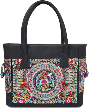 SILKAREA Embroidered Large Canvas Tote Bag for Women with Zipper Handmade Vintage Handbag Shoulder Bag