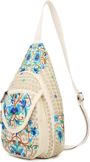 SILKAREA Vintage Canvas Small Sling Bag for Women's Chest Purses Handbag Crossbody Bag Boho Embroidered Backpack Purse (Beige Blue)