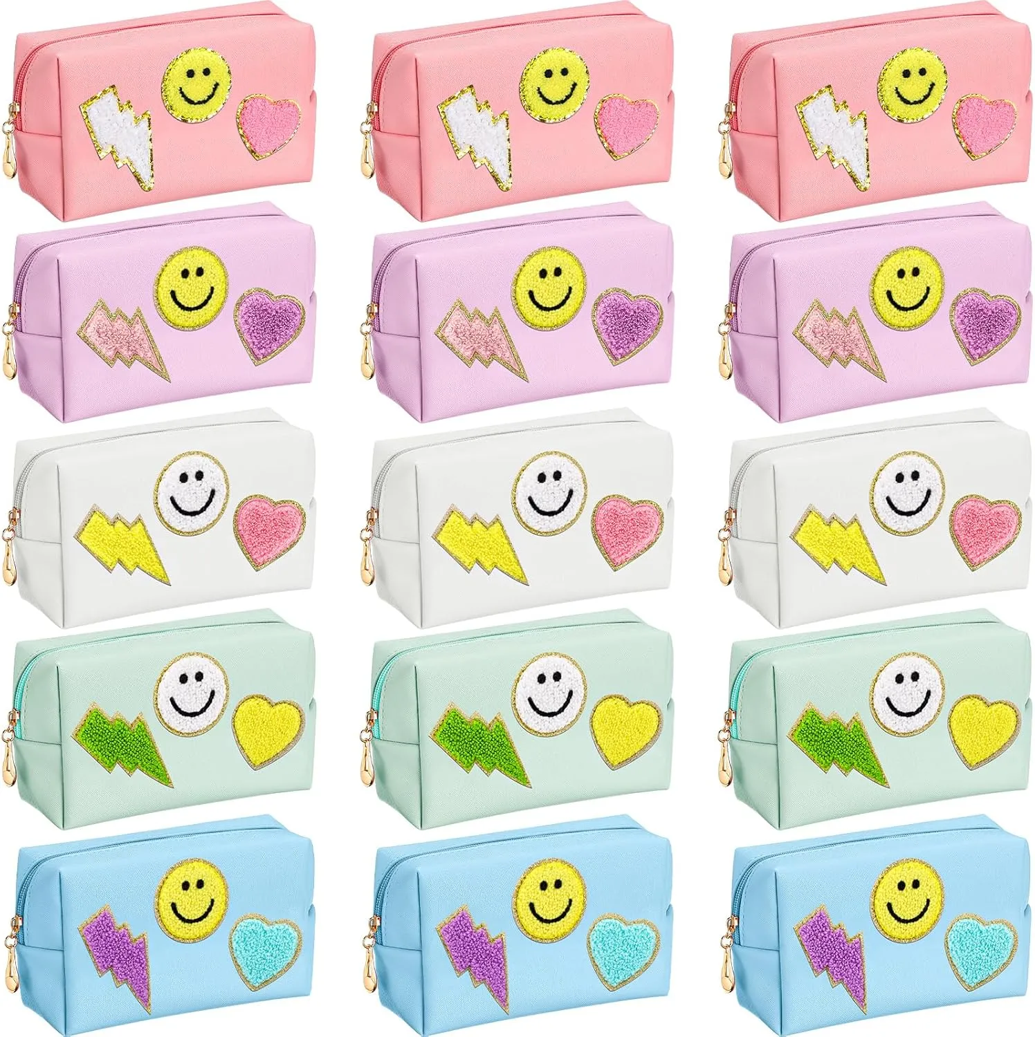 Silkfly 15 Pcs Preppy Patch Makeup Bag Bulk End of the Year Teacher Gifts Bulk Cosmetic Toiletry Bag Smile Lightning Heart PU Leather Portable Waterproof Makeup Cosmetic Purse for Women(Colorful)