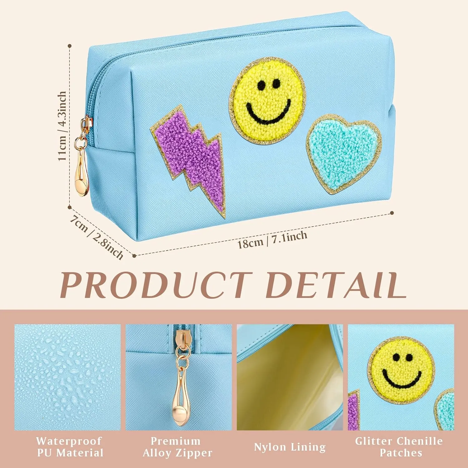 Silkfly 15 Pcs Preppy Patch Makeup Bag Bulk End of the Year Teacher Gifts Bulk Cosmetic Toiletry Bag Smile Lightning Heart PU Leather Portable Waterproof Makeup Cosmetic Purse for Women(Colorful)