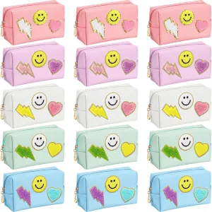 Silkfly 15 Pcs Preppy Patch Makeup Bag Bulk End of the Year Teacher Gifts Bulk Cosmetic Toiletry Bag Smile Lightning Heart PU Leather Portable Waterproof Makeup Cosmetic Purse for Women(Colorful)