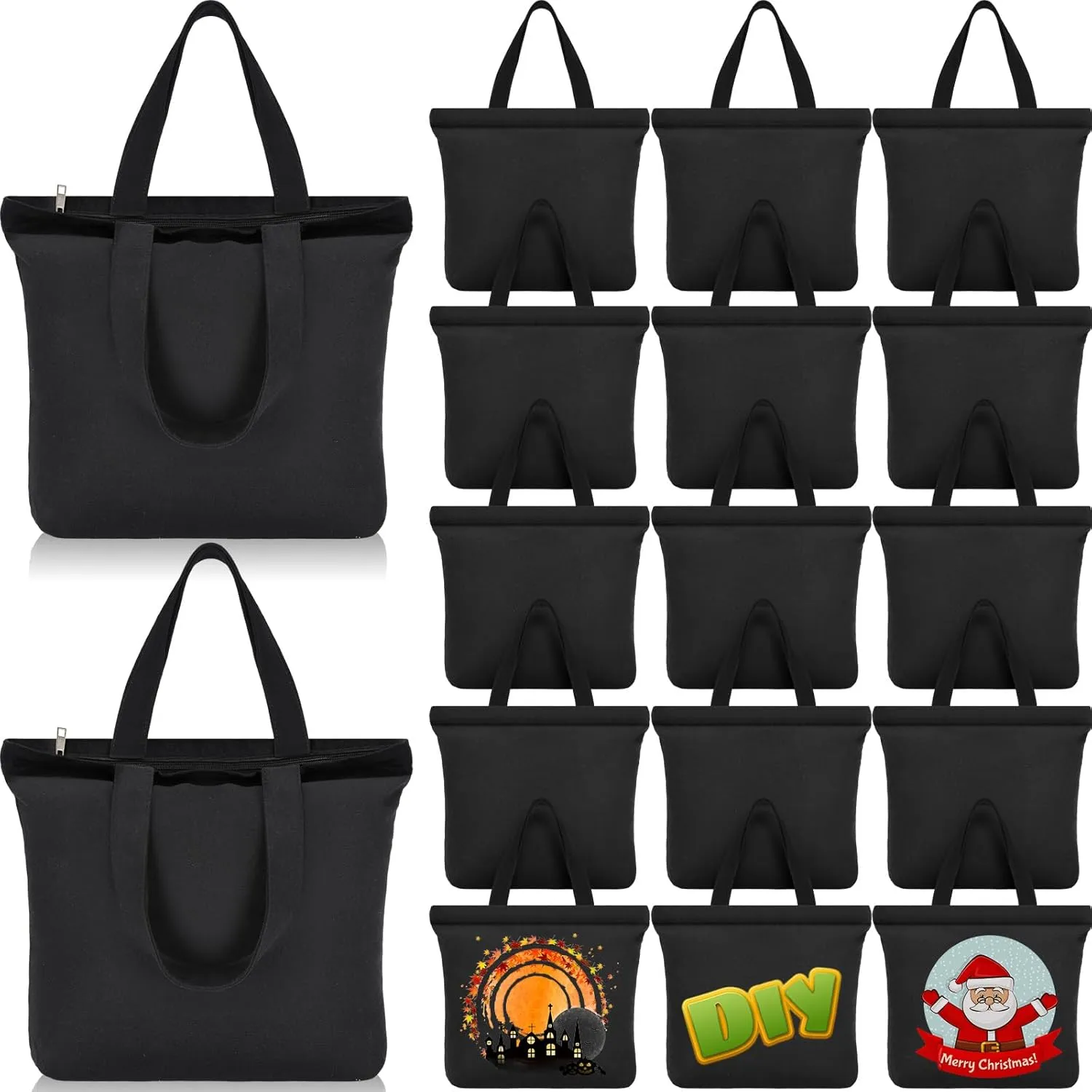 Silkfly 15 Pieces Natural Canvas Tote Bag Bulk with Zipper 16.5 x 13 Inch Black DIY Reusable Canvas Grocery Bag with Handle Plain for Women Crafts Painting Blank Sublimation Embroidery Gift