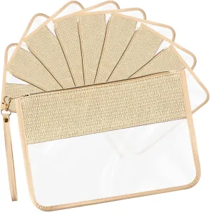 Silkfly 9 Pcs Braid Clear Straw Leather Travel Makeup Bag PU Leather Pouch with Zipper and Wristlet Clear Travel Pouch Waterproof Portable PVC Cosmetic Bag for Women, Beige