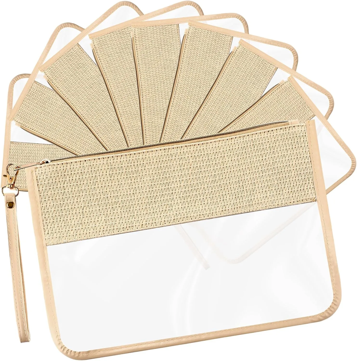 Silkfly 9 Pcs Braid Clear Straw Leather Travel Makeup Bag PU Leather Pouch with Zipper and Wristlet Clear Travel Pouch Waterproof Portable PVC Cosmetic Bag for Women, Beige