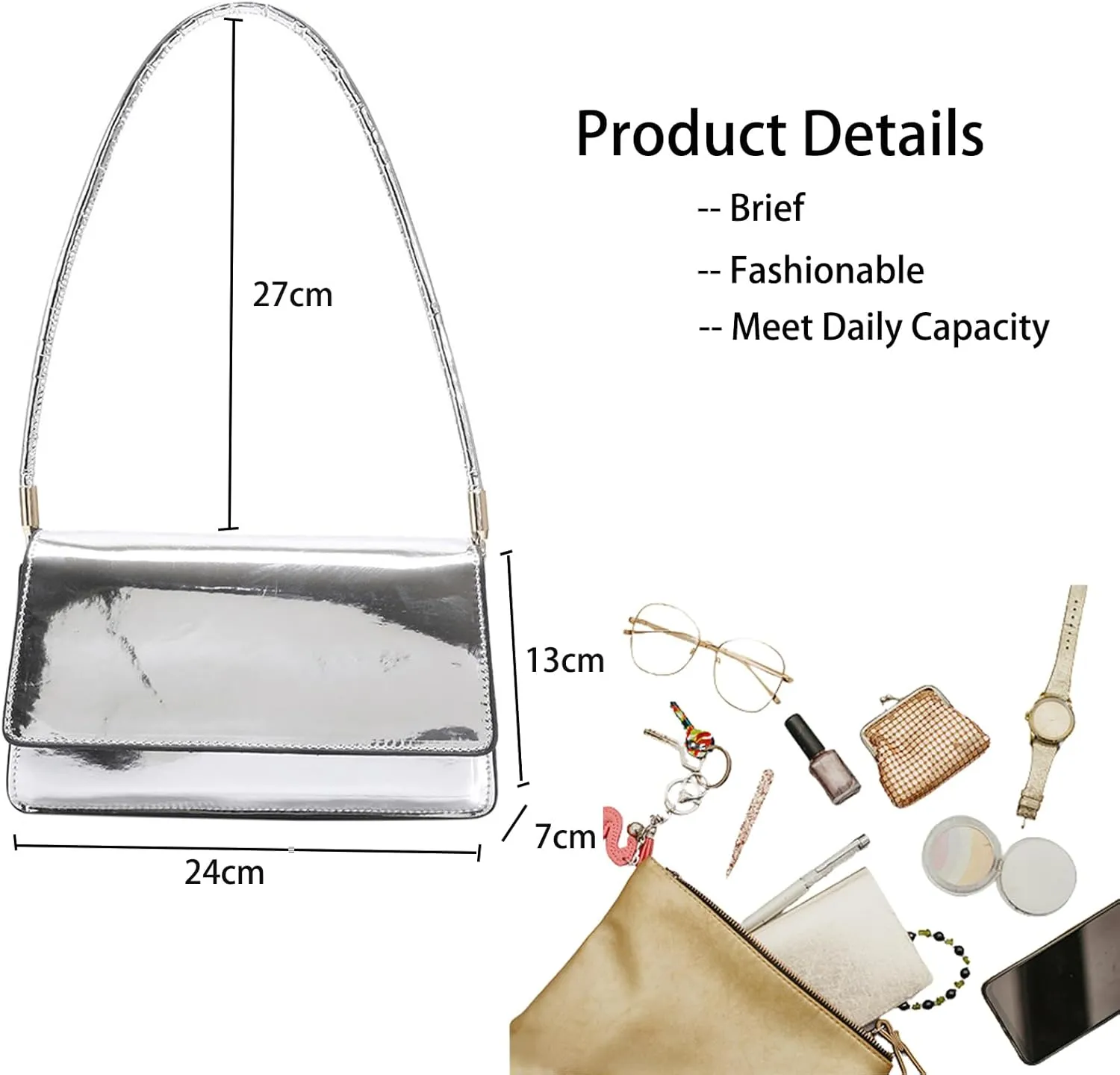 Silver Bag Evening Clutch Bag Sparkly Satchel Patent Leather Y2K Handbag Crossbody Metallic Purses for Party.