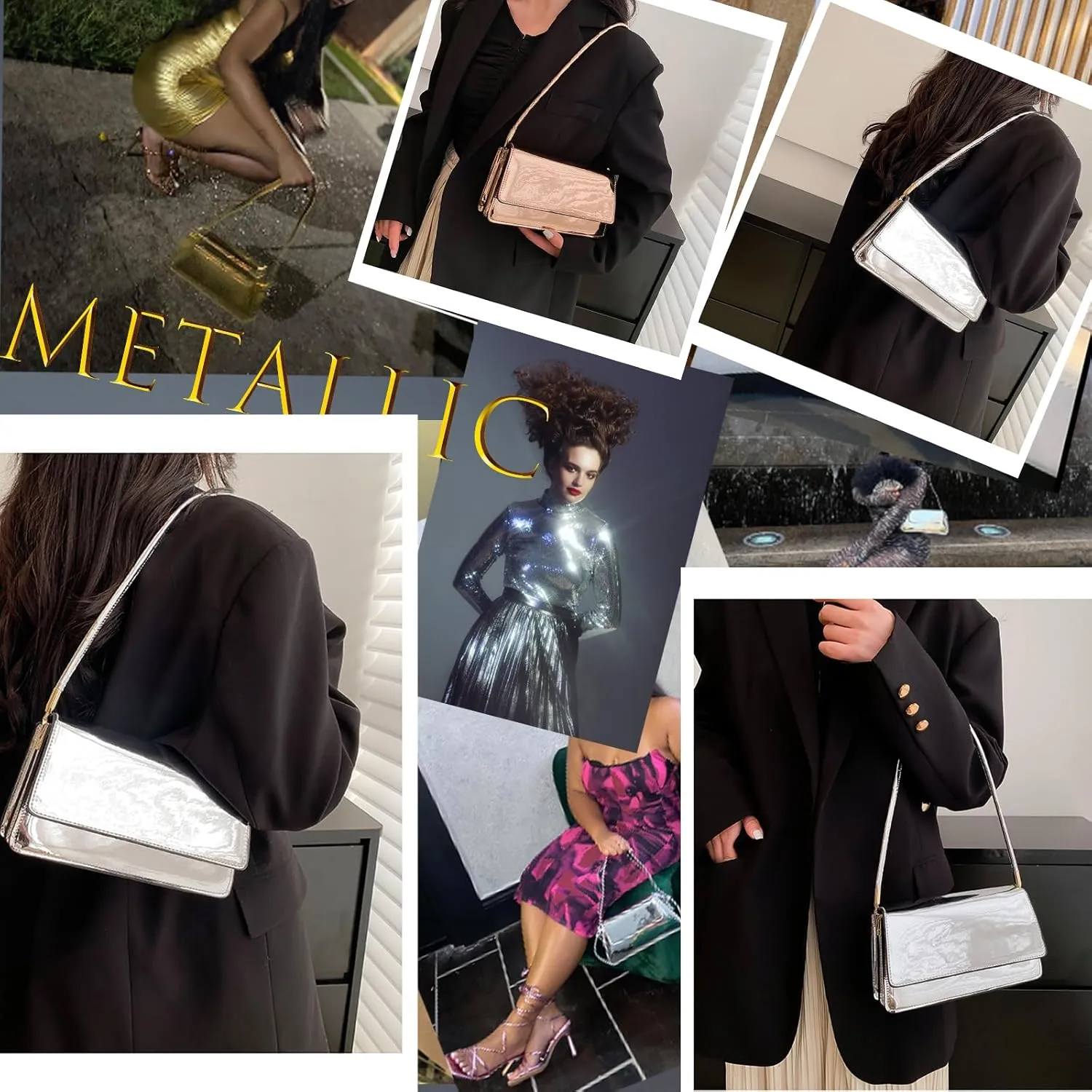 Silver Bag Evening Clutch Bag Sparkly Satchel Patent Leather Y2K Handbag Crossbody Metallic Purses for Party.
