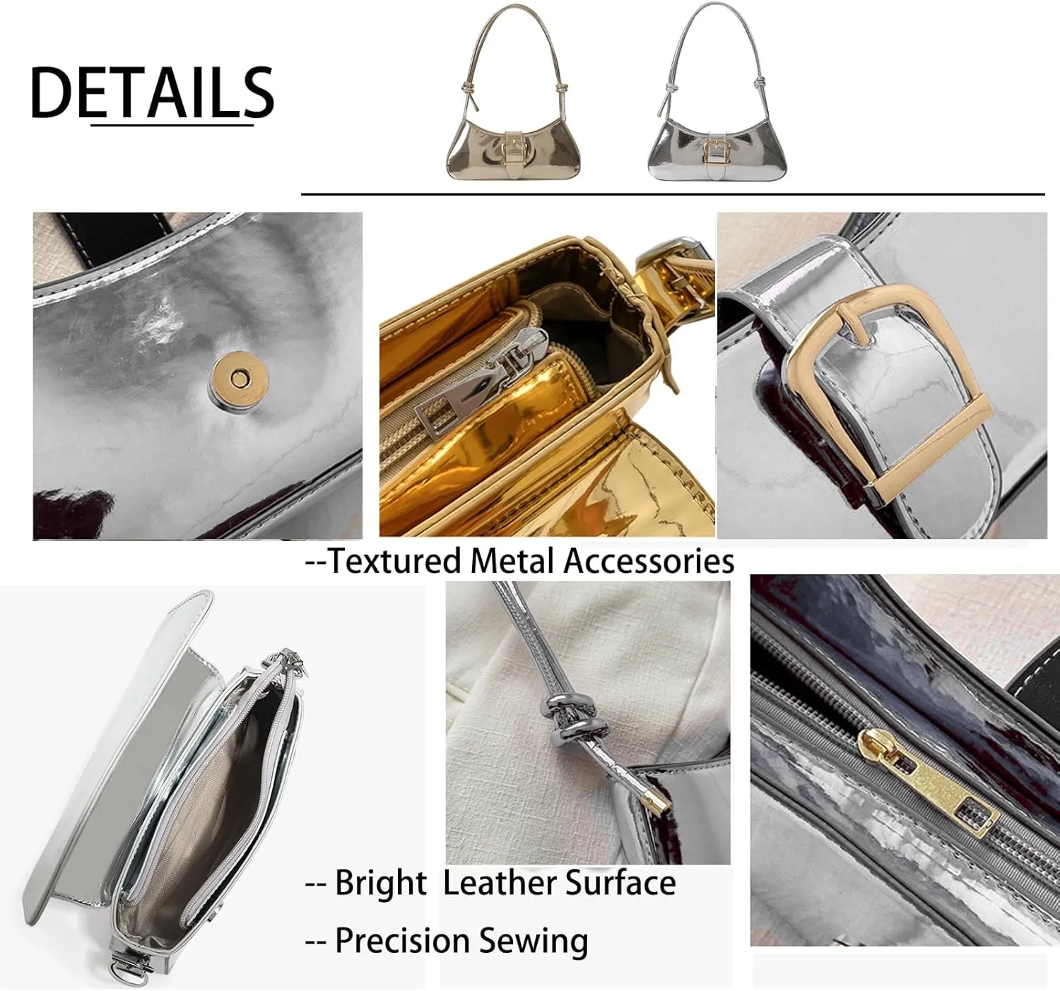 Silver Bag Evening Clutch Bag Sparkly Satchel Patent Leather Y2K Handbag Crossbody Metallic Purses for Party.