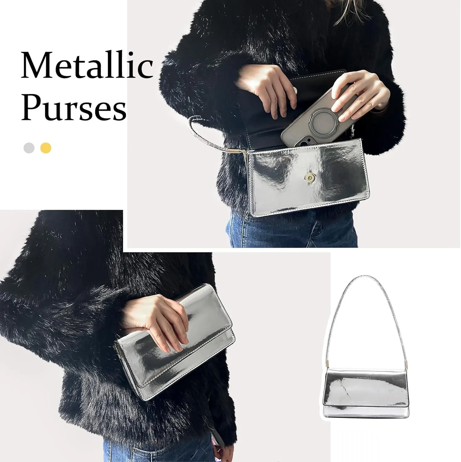 Silver Bag Evening Clutch Bag Sparkly Satchel Patent Leather Y2K Handbag Crossbody Metallic Purses for Party.