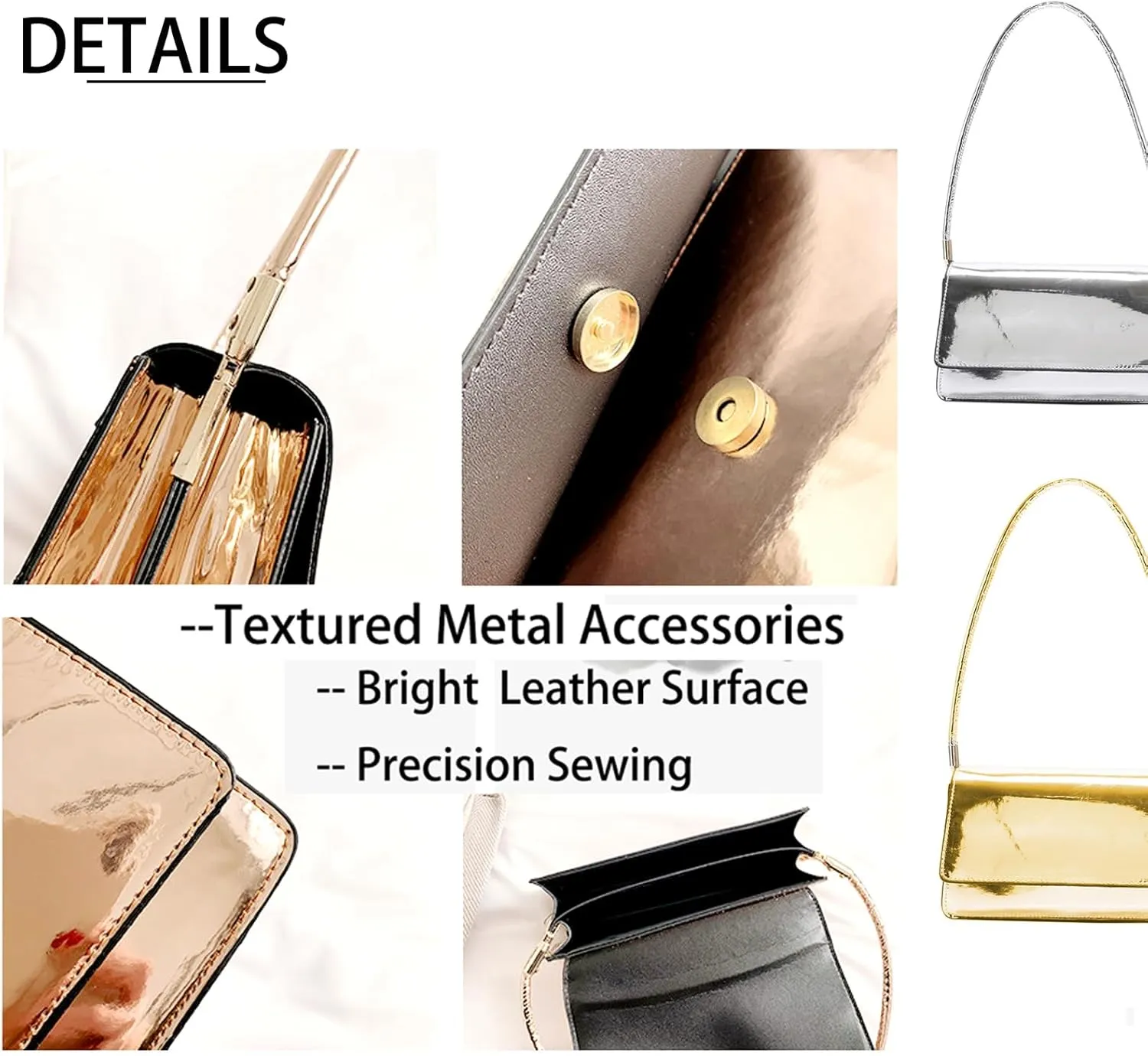 Silver Bag Evening Clutch Bag Sparkly Satchel Patent Leather Y2K Handbag Crossbody Metallic Purses for Party.
