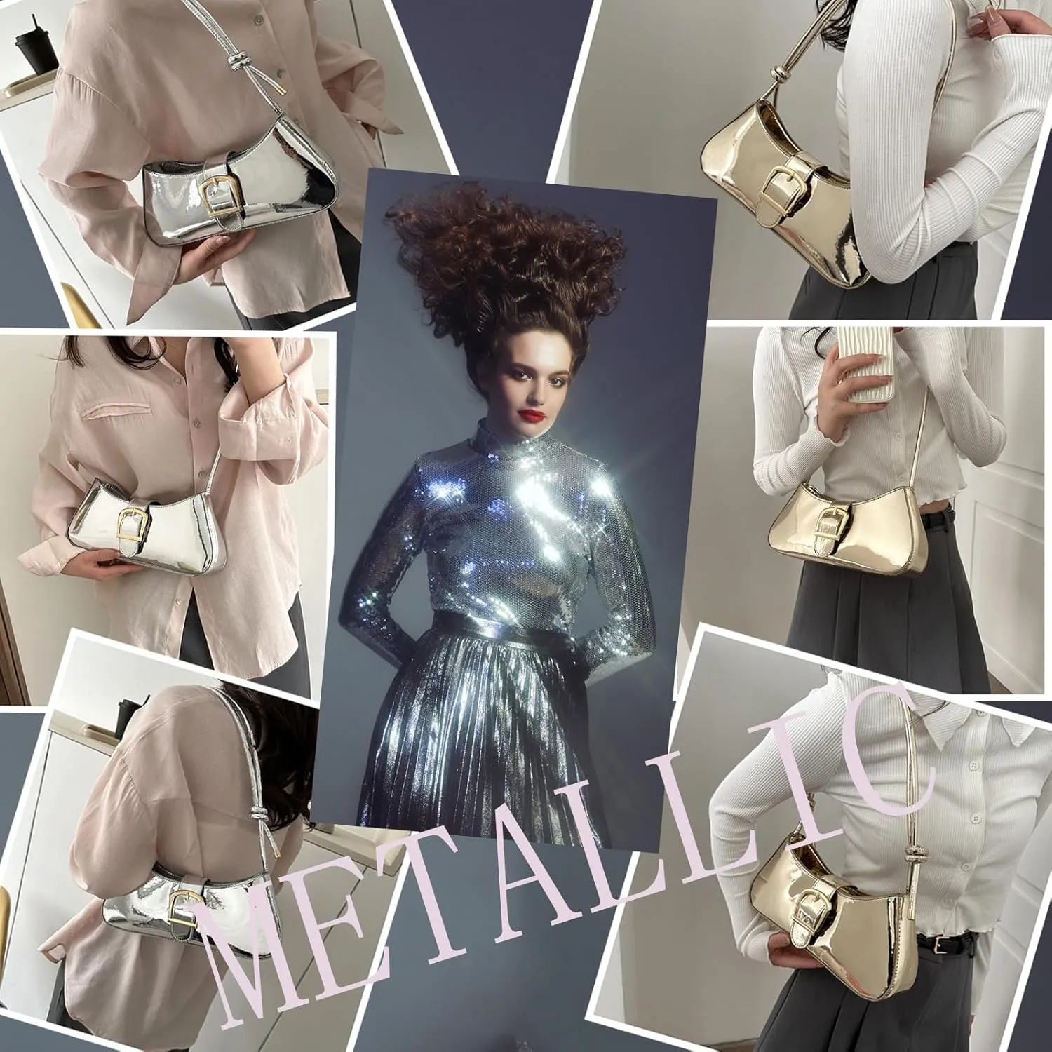 Silver Bag Evening Clutch Bag Sparkly Satchel Patent Leather Y2K Handbag Crossbody Metallic Purses for Party.