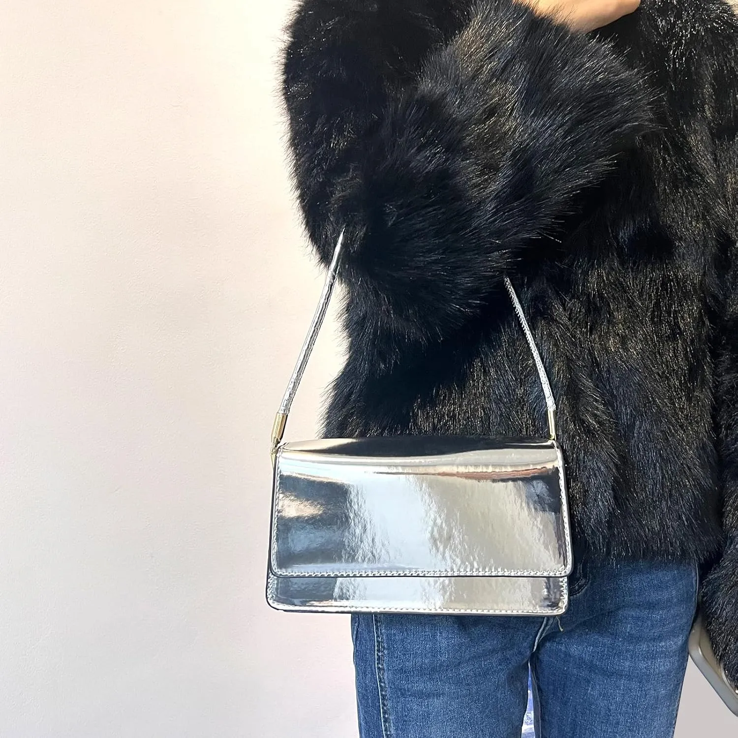 Silver Bag Evening Clutch Bag Sparkly Satchel Patent Leather Y2K Handbag Crossbody Metallic Purses for Party.