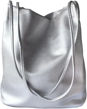 Silver Purse for Women Bucket Tote Bag Large Shoulder Handbags for Ladies Soft Leather Hobo Bags