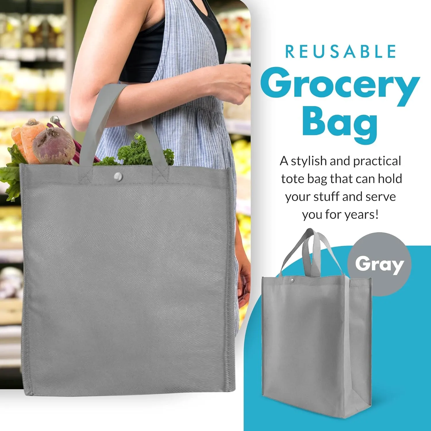 Simply Green Solutions - Reusable Grocery Bags, Durable Large Tote Bags, Shopping Bags for Groceries, Utility Tote, Reusable Gift Bags With Handles, 14 x 16.5 x 6 Inches, 10-Pack, Gray