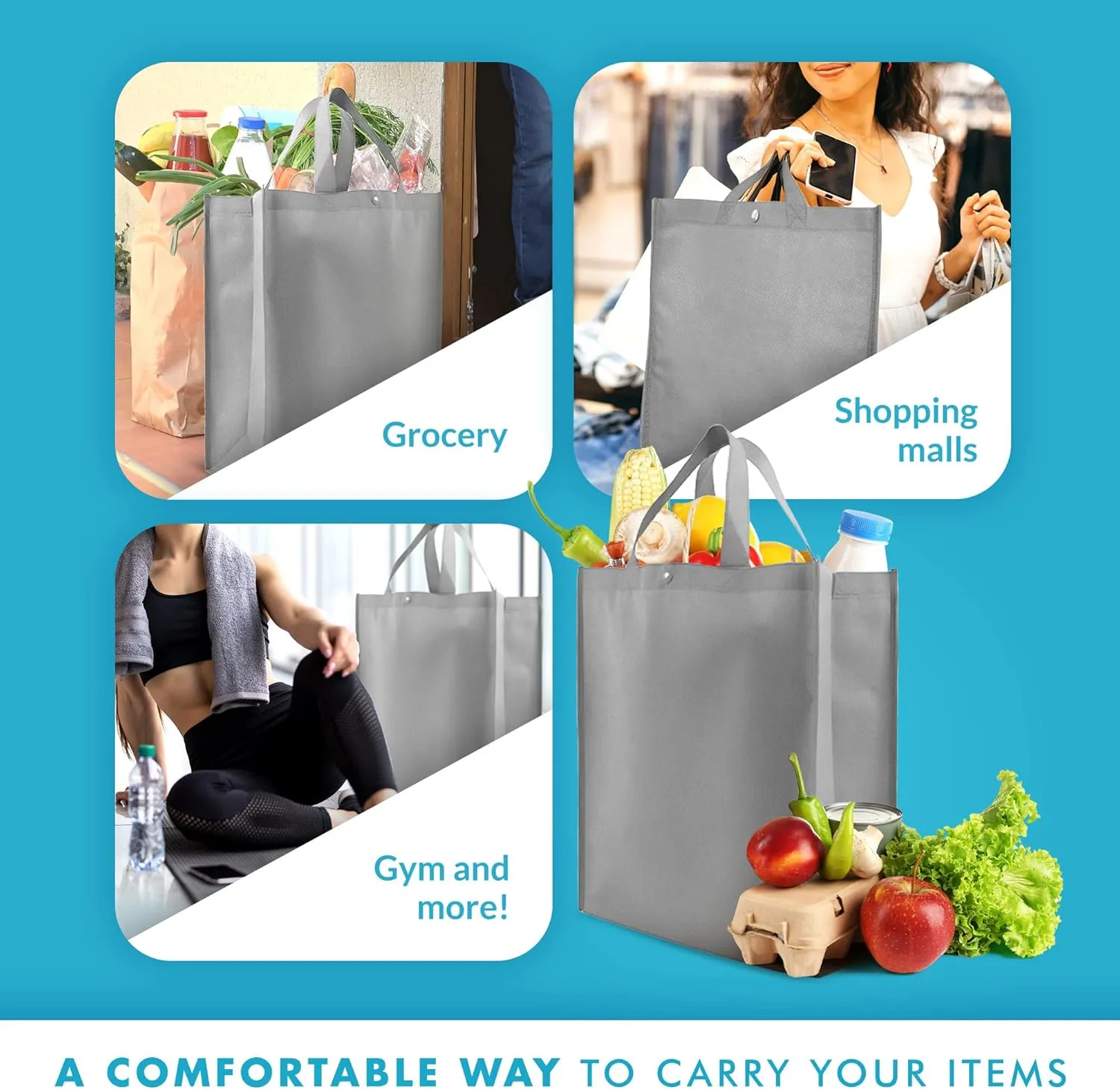 Simply Green Solutions - Reusable Grocery Bags, Durable Large Tote Bags, Shopping Bags for Groceries, Utility Tote, Reusable Gift Bags With Handles, 14 x 16.5 x 6 Inches, 10-Pack, Gray