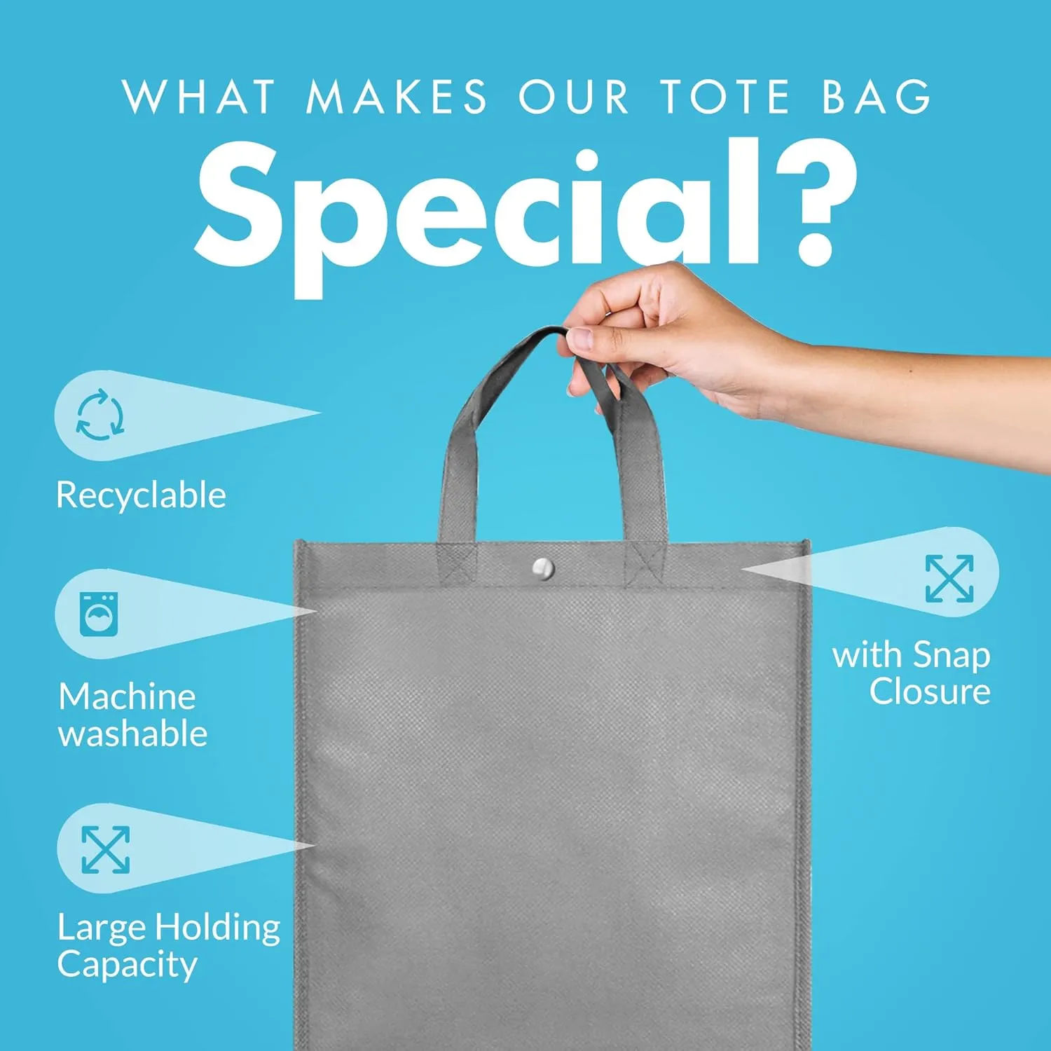 Simply Green Solutions - Reusable Grocery Bags, Durable Large Tote Bags, Shopping Bags for Groceries, Utility Tote, Reusable Gift Bags With Handles, 14 x 16.5 x 6 Inches, 10-Pack, Gray