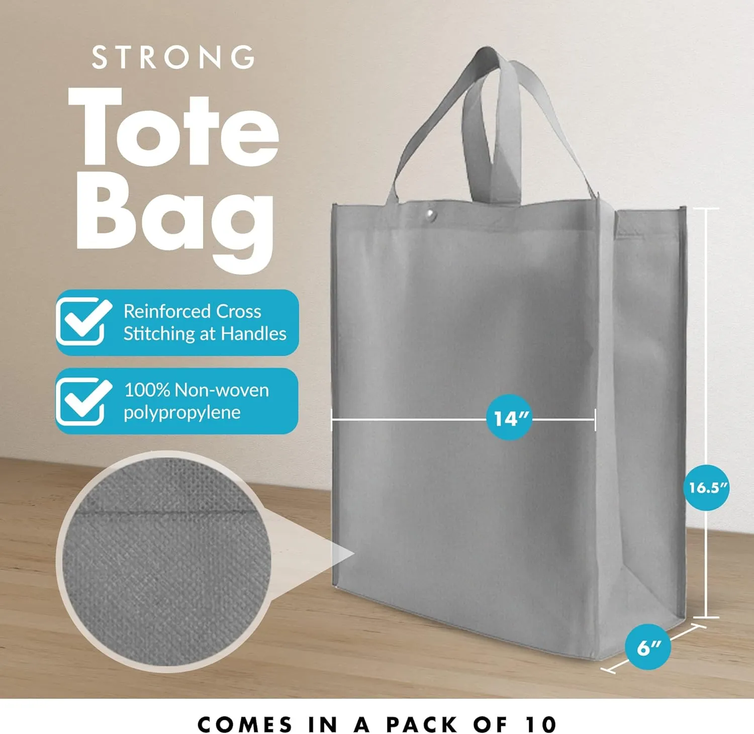 Simply Green Solutions - Reusable Grocery Bags, Durable Large Tote Bags, Shopping Bags for Groceries, Utility Tote, Reusable Gift Bags With Handles, 14 x 16.5 x 6 Inches, 10-Pack, Gray