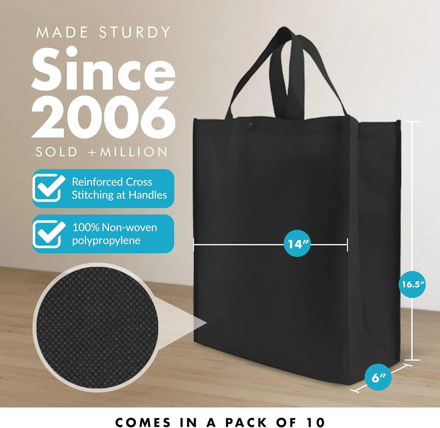 Simply Green Solutions - Reusable Grocery Bags, Durable Large Tote Bags, Shopping Bags for Groceries, Utility Tote, Reusable Gift Bags With Handles, 14 x 16.5 x 6, Pack of 10, Black