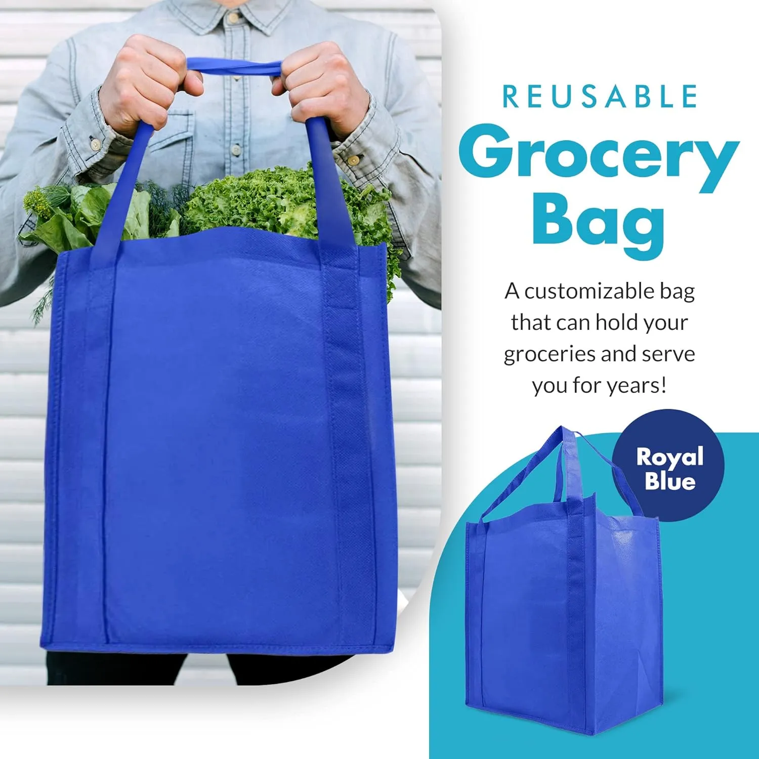 Simply Green Solutions - Reusable Grocery Bags, Wide Tote Bags with 20-Inch Reinforced Handle, Shopping Bags for Groceries, Reusable Gift Bags with Handles, 13 x 15 x 10, Pack of 10, Royal Blue