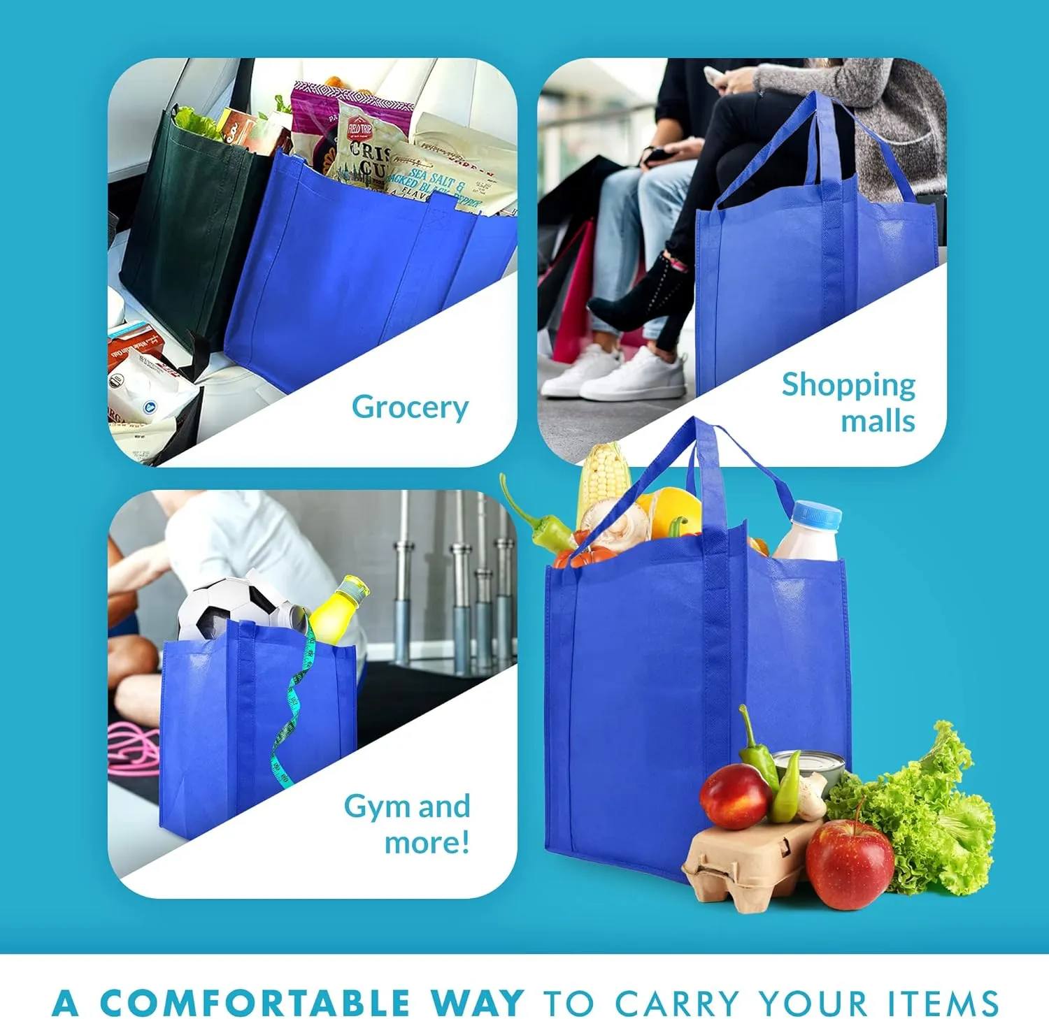 Simply Green Solutions - Reusable Grocery Bags, Wide Tote Bags with 20-Inch Reinforced Handle, Shopping Bags for Groceries, Reusable Gift Bags with Handles, 13 x 15 x 10, Pack of 10, Royal Blue