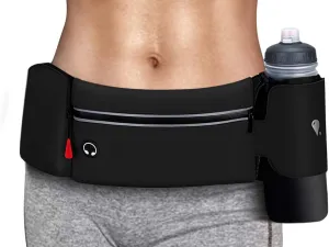 Simptech Running Belt Bag With Foldable Water Bottle Holder(Bottles NOT Included), No Bounce Large Pocket Water Resistant Fanny Waist Pack, Hydration Running Phone Holder For Men And Women (Black)