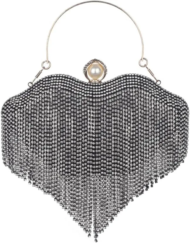 Sither Rhinestone Handbag Purses for Women Evening Handbag Purses Crystal Tassel Clutch Purses Sparkly Clutches Shoulder Chain Bags for Party Prom Christmas Gift (black)