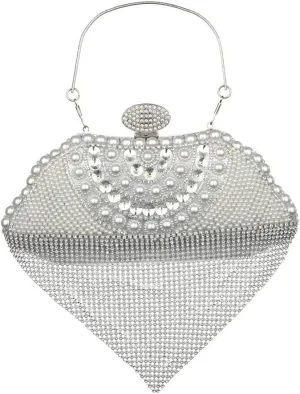 Sither Rhinestone Tassel Handbag Purses for Women Evening Handbag Purses Crystal Heart Shape Clutch Purses Sparkly Clutches Shoulder Chain Bags for Party Prom Christmas Gift (silver)