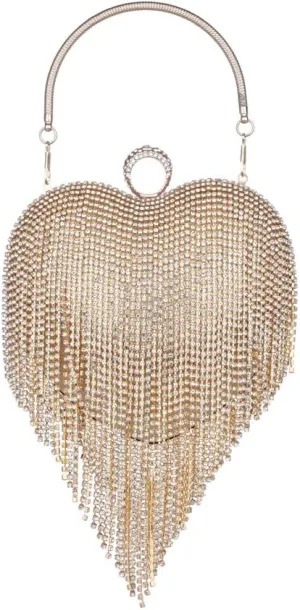 Sither Rhinestone Tassel Handbag Purses for Women Evening Handbag Purses Heart Shape Clutch Purses Sparkly Clutches Shoulder Chain Bags for Party Prom Christmas Gift (gold)