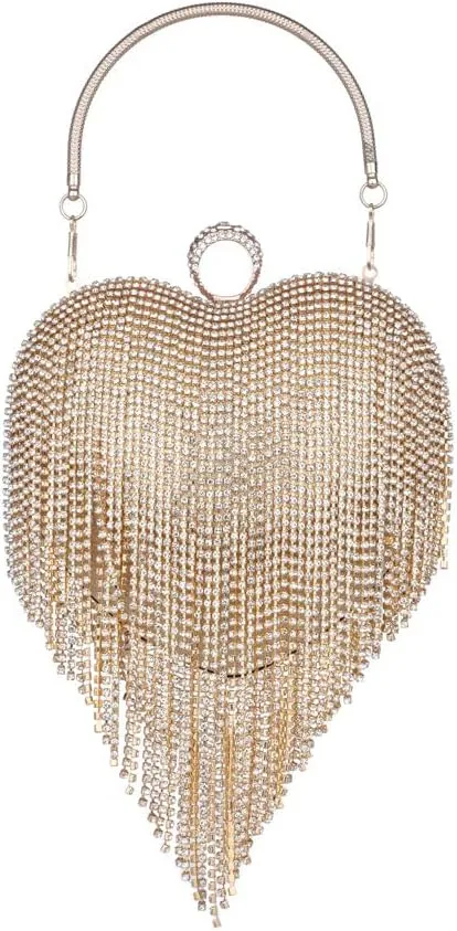 Sither Rhinestone Tassel Handbag Purses for Women Evening Handbag Purses Heart Shape Clutch Purses Sparkly Clutches Shoulder Chain Bags for Party Prom Christmas Gift (gold)