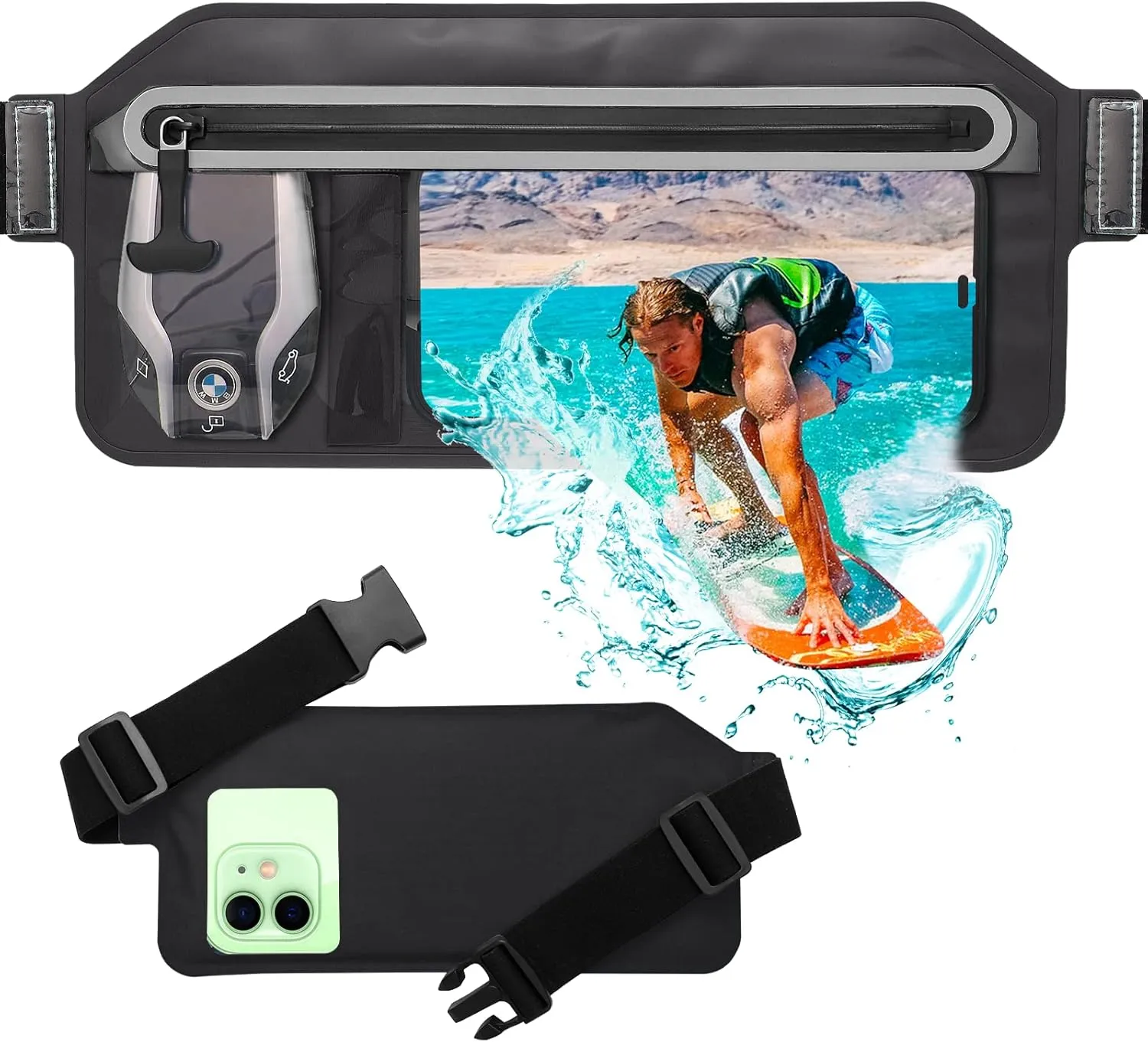 SJEhome Waterproof Phone Pouch,IPX8 Waterproof Phone Case with Adjustable Waist Strap,Compatible with iPhone Whole Series Galaxy Whole Series up to 7",Waist Bag for Beach, Boating,Swim,Black
