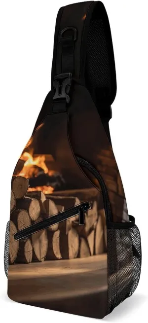 Sling Bag Wood on Fireplace Printed Crossbody Backpack for Men Women Sling Backpack Hiking Daypack Multipurpose Cross Body Chest Bag Multi-Pocket Design
