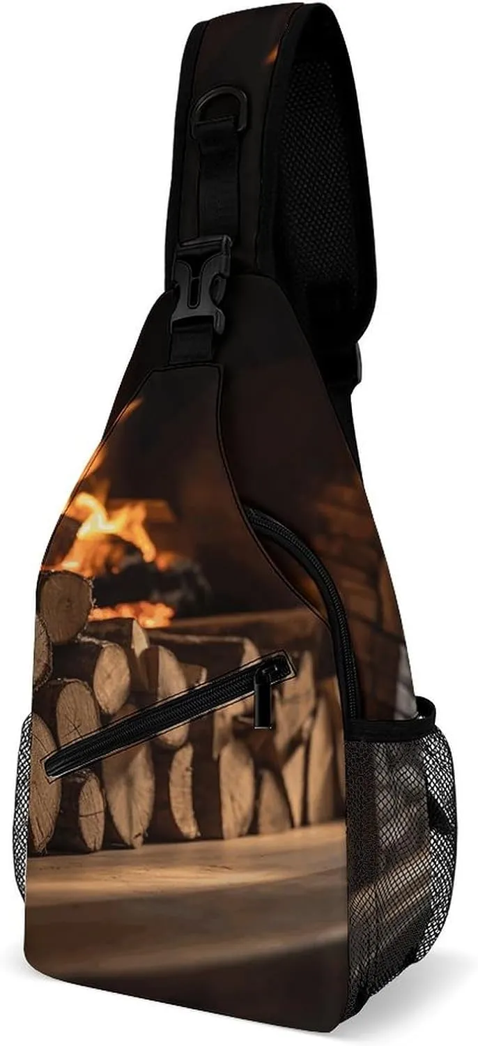 Sling Bag Wood on Fireplace Printed Crossbody Backpack for Men Women Sling Backpack Hiking Daypack Multipurpose Cross Body Chest Bag Multi-Pocket Design