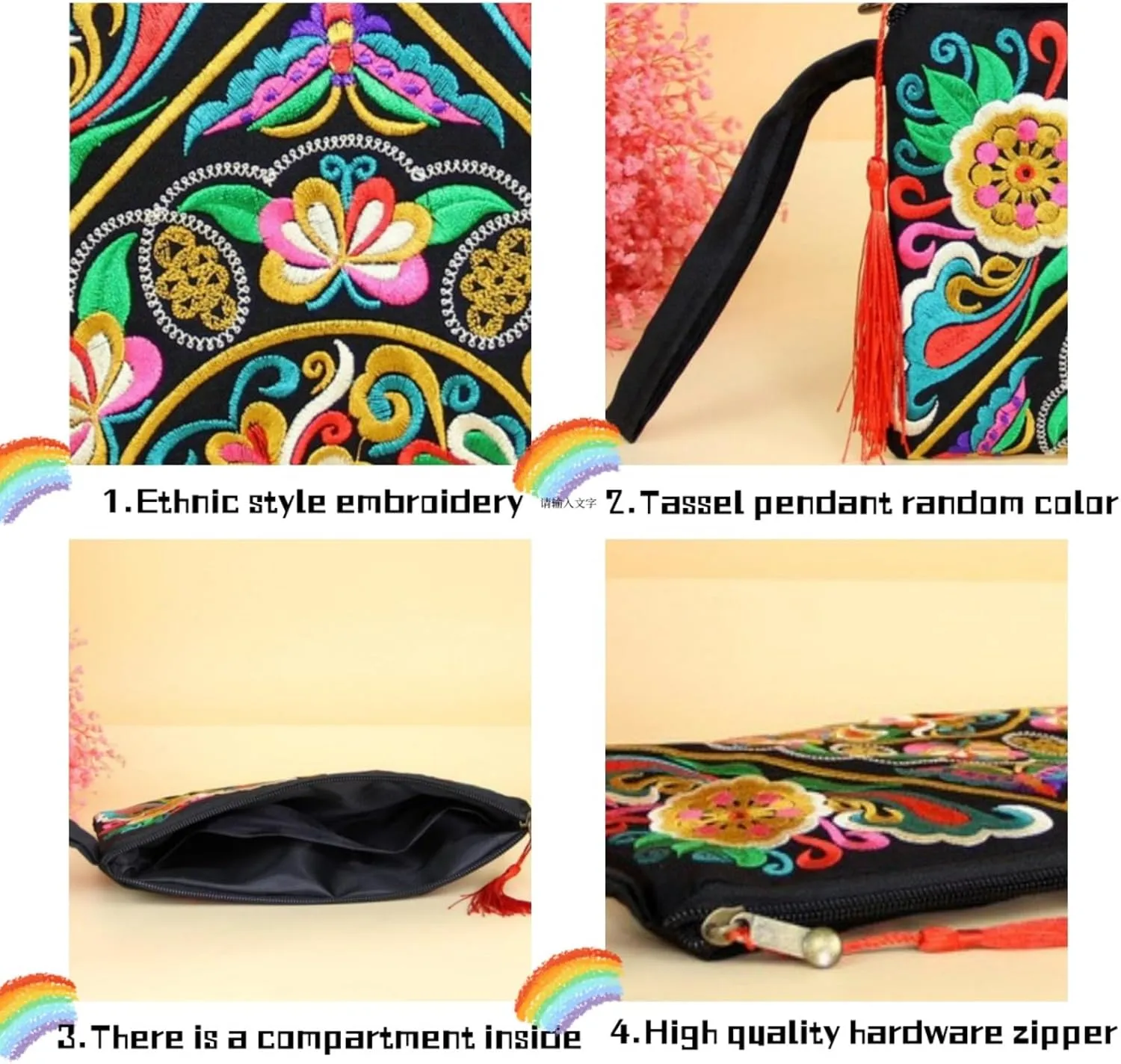 Small Handbag Coin Purse Boho Wallet Wristlet Clutch Purses for Women Embroidered Purse Tassel Silk Bag for Women (A Flower)