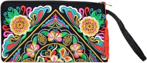 Small Handbag Coin Purse Boho Wallet Wristlet Clutch Purses for Women Embroidered Purse Tassel Silk Bag for Women (A Flower)
