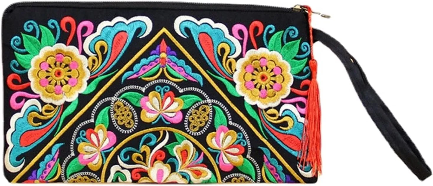 Small Handbag Coin Purse Boho Wallet Wristlet Clutch Purses for Women Embroidered Purse Tassel Silk Bag for Women (A Flower)