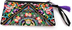 Small Handbag Coin Purse Boho Wallet Wristlet Clutch Purses for Women Embroidered Purse Tassel Silk Bag for Women (B Butterfly)