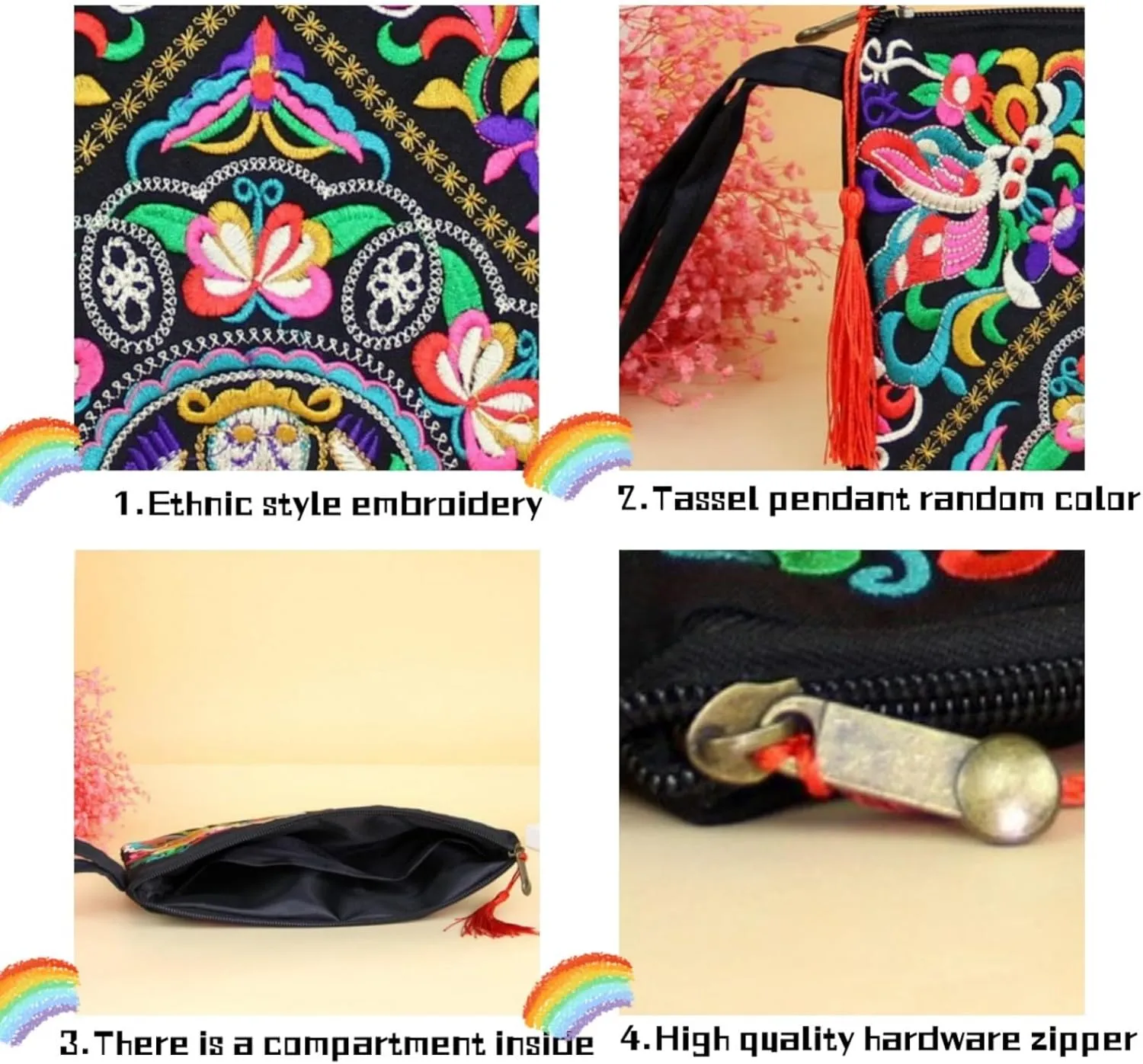 Small Handbag Coin Purse Boho Wallet Wristlet Clutch Purses for Women Embroidered Purse Tassel Silk Bag for Women (B Butterfly)