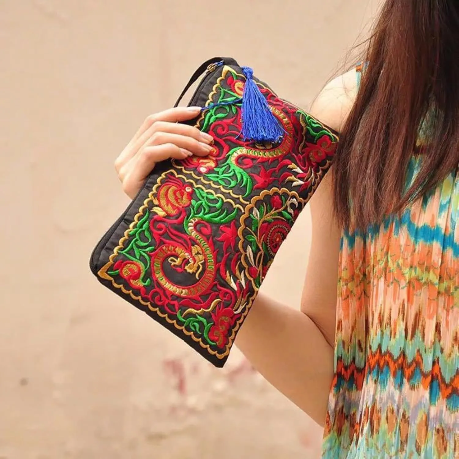 Small Handbag Coin Purse Boho Wallet Wristlet Clutch Purses for Women Embroidered Purse Tassel Silk Bag for Women (C Dragon)