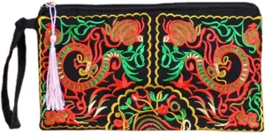 Small Handbag Coin Purse Boho Wallet Wristlet Clutch Purses for Women Embroidered Purse Tassel Silk Bag for Women (C Dragon)
